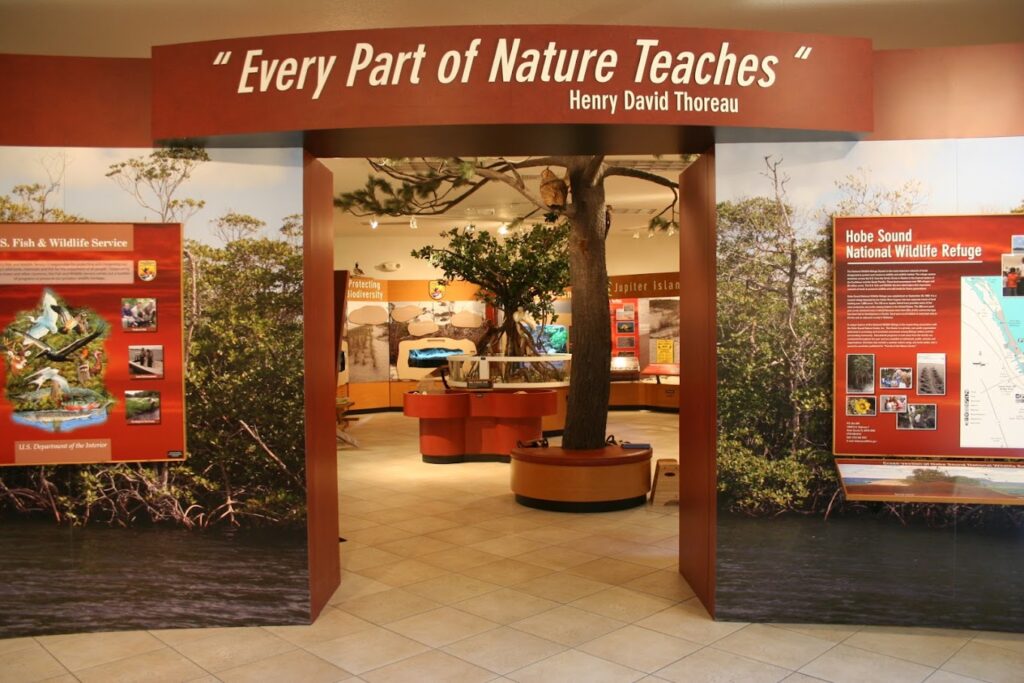 The entrance of the Hobe Sound Nature Center with exhibits and educational displays
