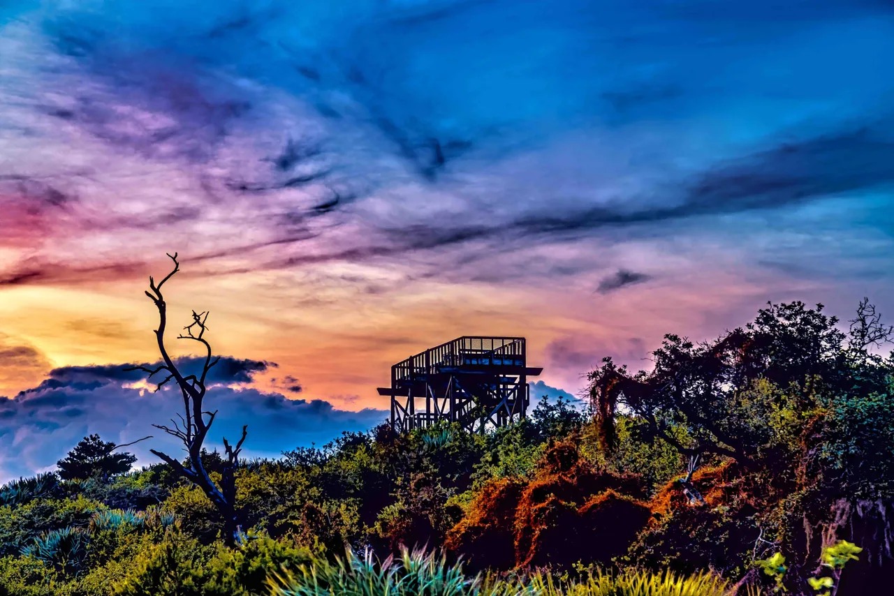 colorful sky in forest with a lookout tower
