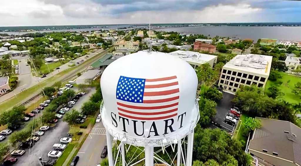 Stuart Water Tower aerial view with the American flag