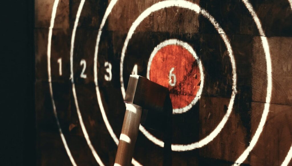 Close-up image of an axe throwing target with an axe in the bullseye