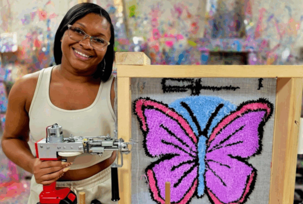 Woman making a custom rug at Splatter and Sip Studio