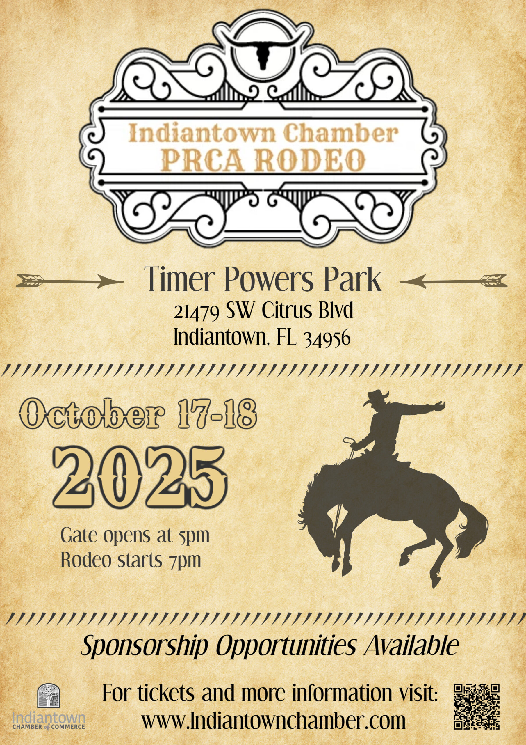 Indiantown Chamber PRCA Rodeo flyer with event details, dates, bucking bronco graphic, and ornate border.