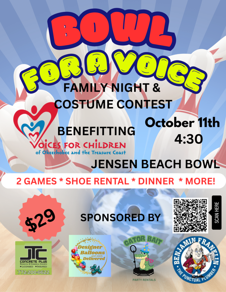Colorful flyer for Bowl for a Voice Family Night & Costume Contest fundraising event at Jensen Beach Bowl, featuring bowling pins, event details, ticket price, sponsors, and a QR code.