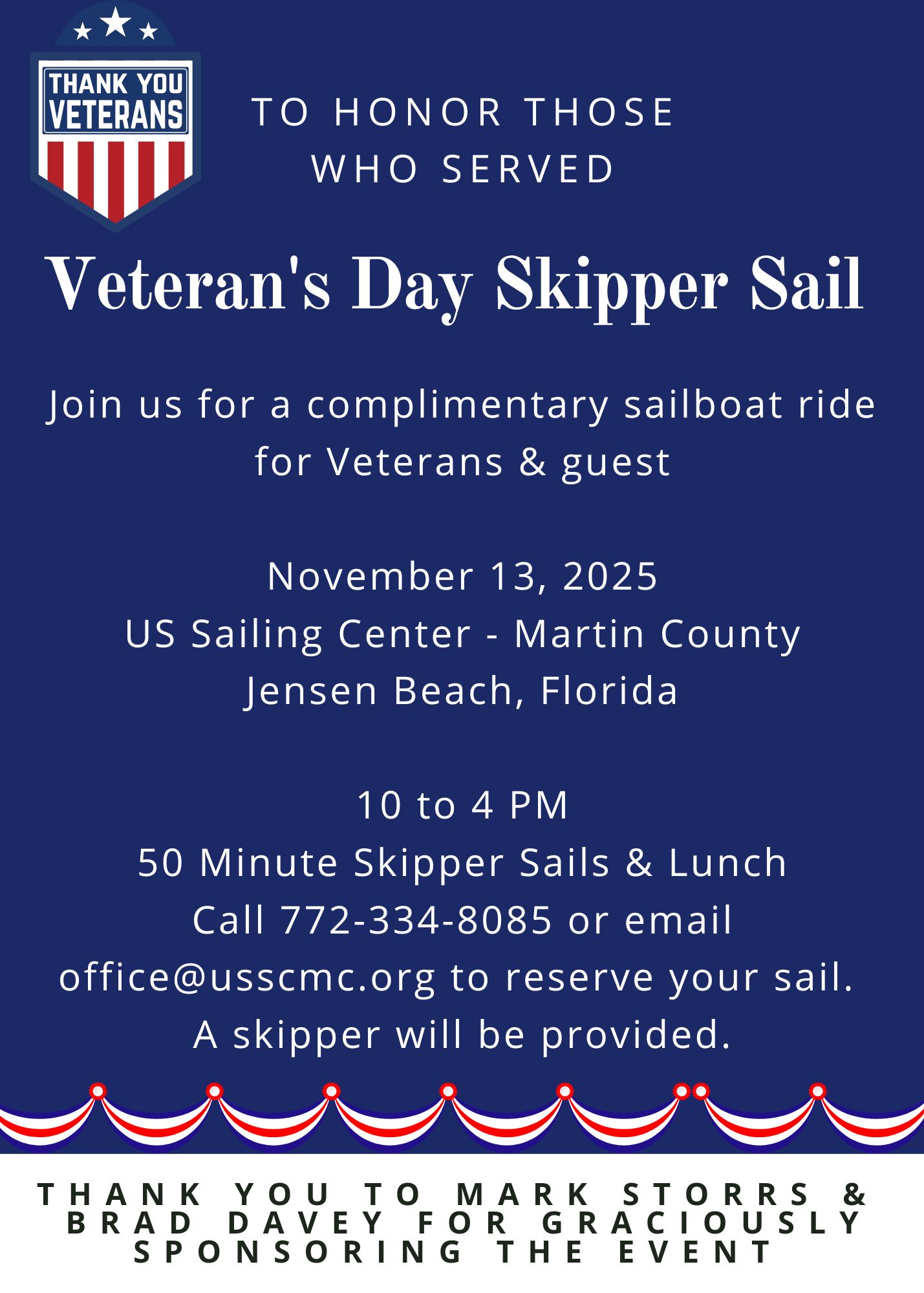 Veteran's Day Skipper Sail event flyer—blue background with white and red details, honoring veterans with complimentary sailboat rides and lunch, November 13, 2025, at US Sailing Center in Jensen Beach, Florida.