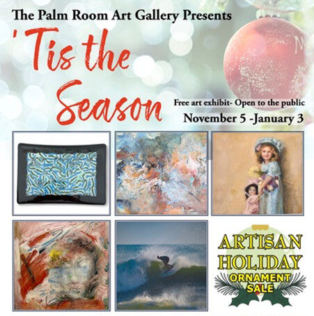 Artisan holiday ornament sale flyer showing art gallery exhibit dates, seasonal artwork, and event information for November 5 to January 3.