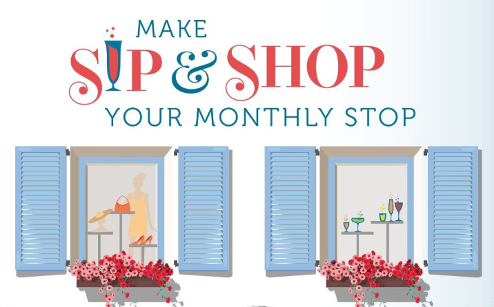 Illustration promoting “Sip & Shop” as a monthly event; includes storefront windows with drinks, shopping items, and flower boxes.