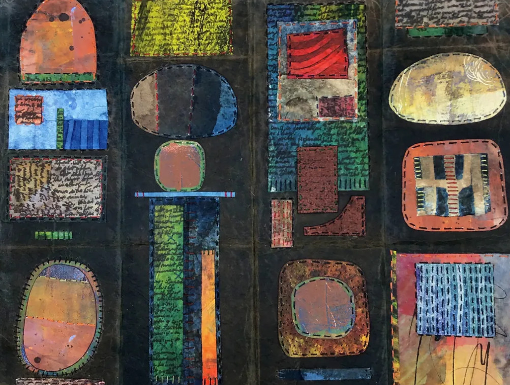 Abstract artwork featuring colorful stitched and painted geometric shapes and patterns in rectangles, ovals, and circles on a dark background.