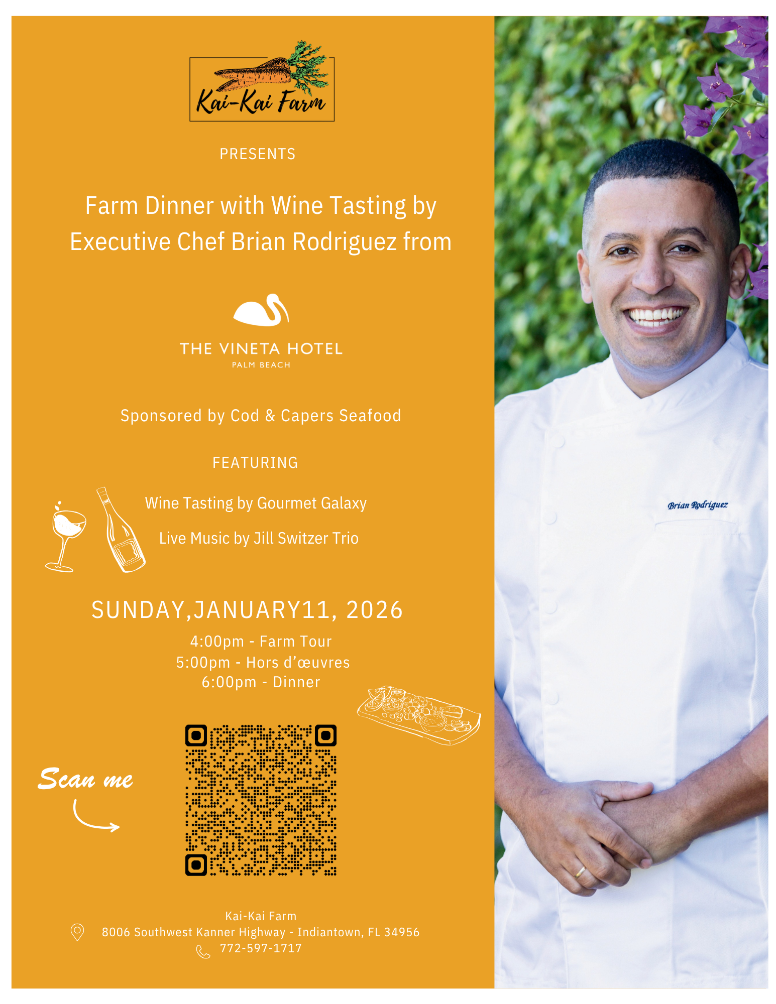 Kai-Kai Farm dinner flyer for wine tasting and music with Chef Brian Rodriguez on January 11, 2026, with event details and QR code.