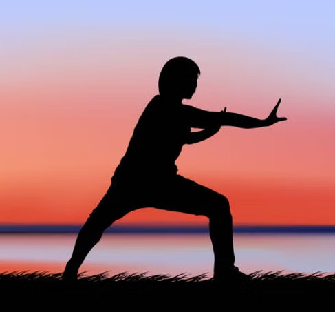 Silhouette of a person in a warrior yoga pose on grass by calm water at sunset, arms extended against a peaceful red-blue sky.