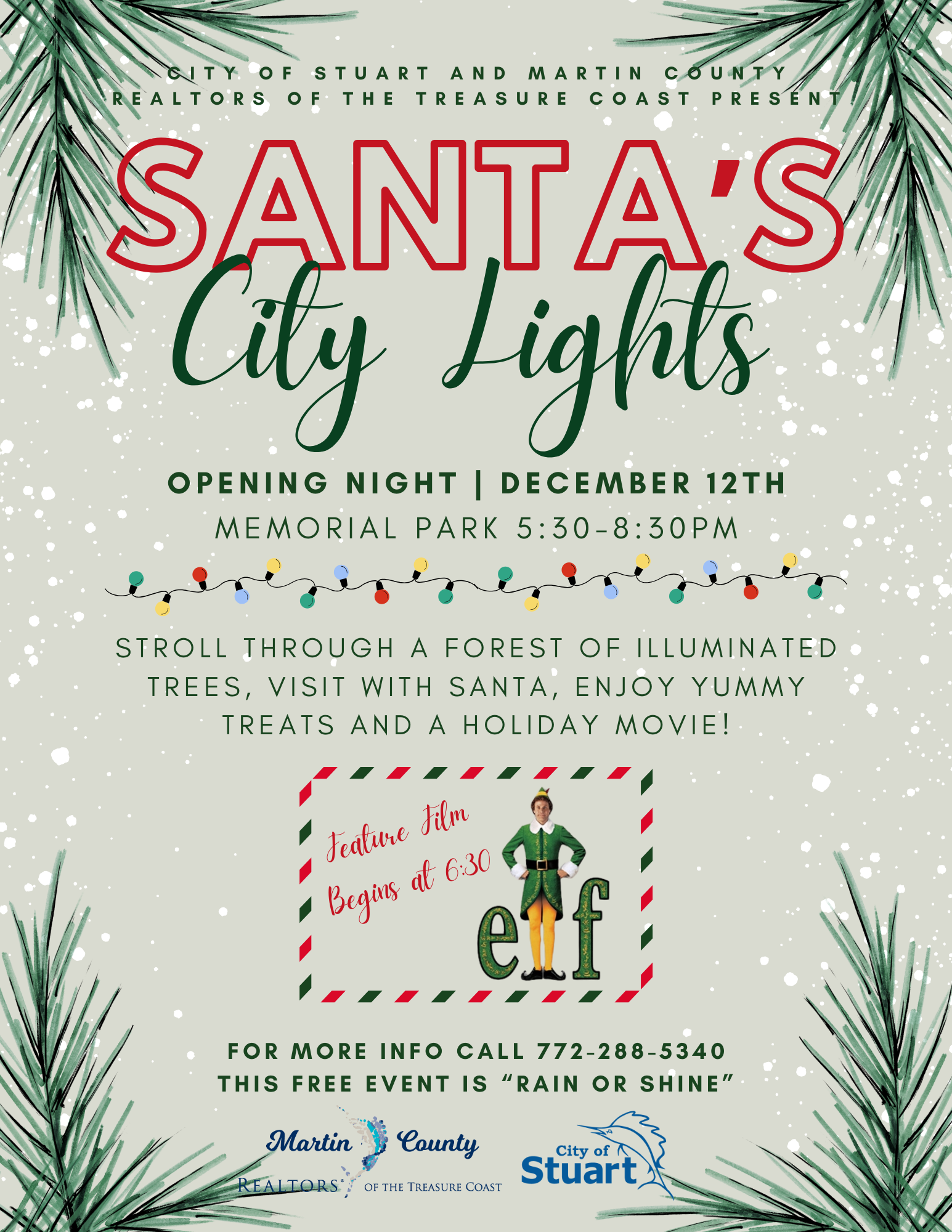 Santa’s City Lights flyer: Dec 12 at Memorial Park 5:30–8:30 PM; illuminated trees, Santa visit, Elf at 6:30; free, rain or shine.
