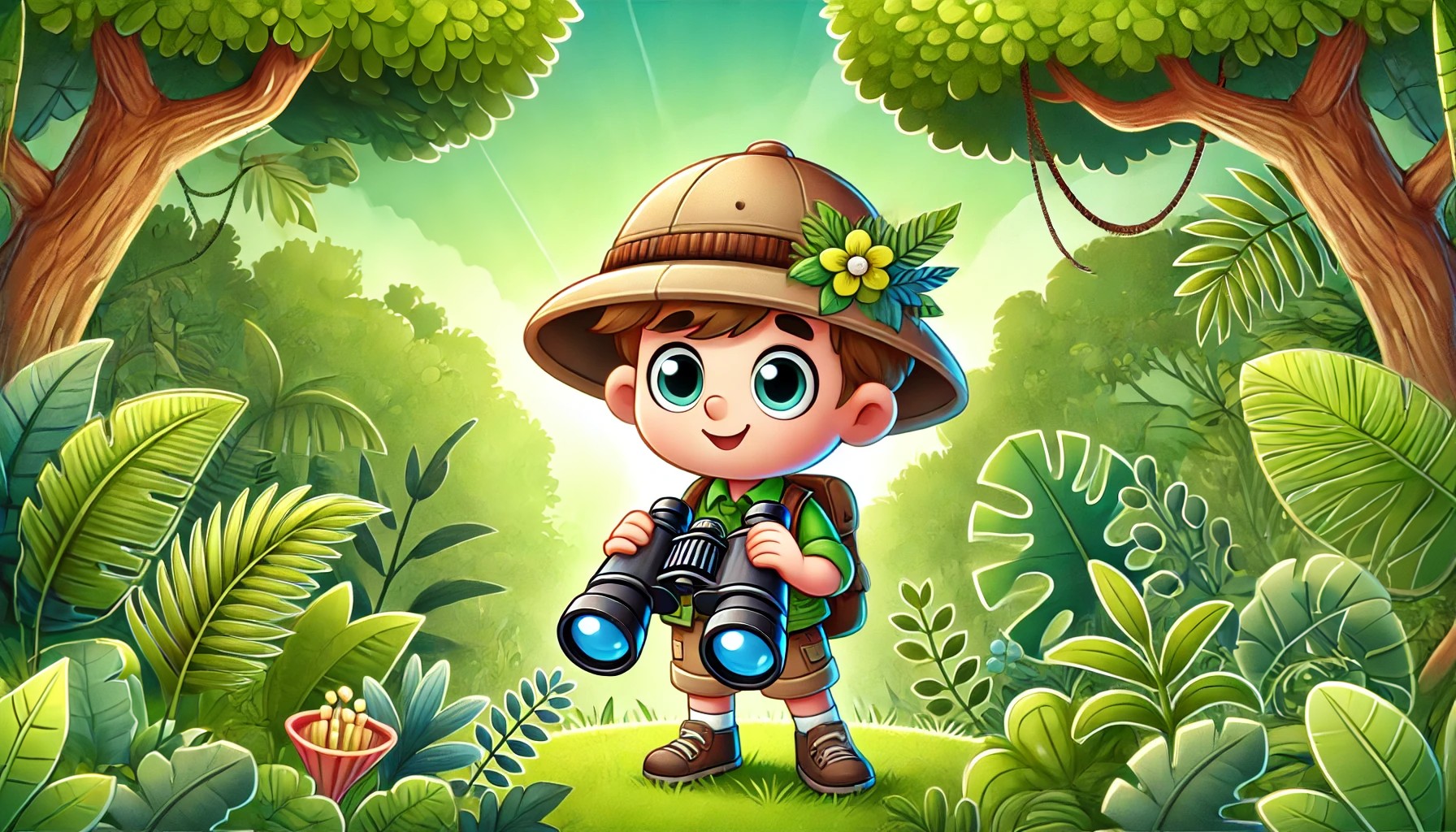 Cartoon child explorer with a safari hat, green shirt, and binoculars standing in a lush jungle with large leaves and trees.
