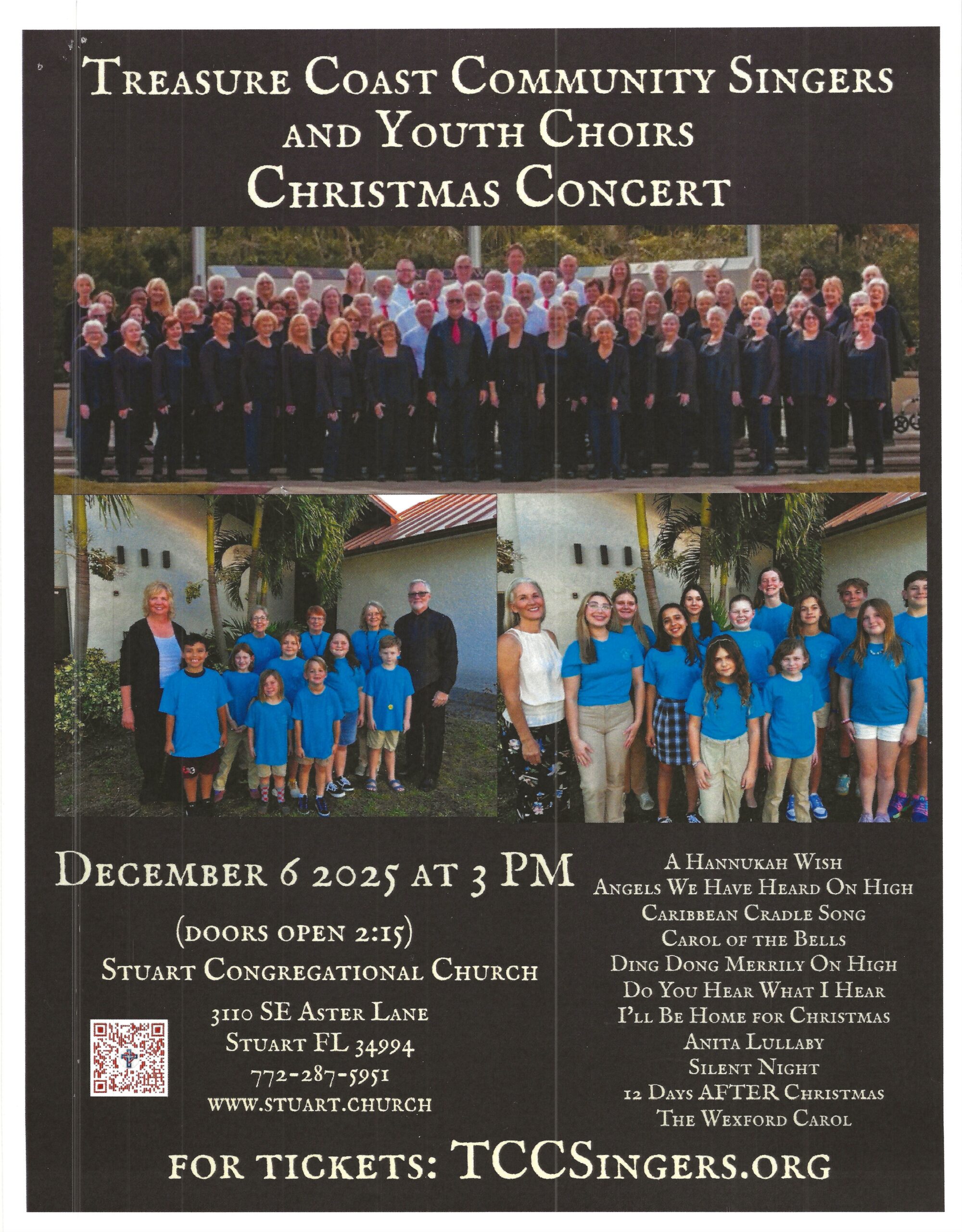 Poster for the Treasure Coast Community Singers and Youth Choirs Christmas Concert, December 6, 2025 at Stuart Congregational Church, featuring group photos of adult and youth choirs.