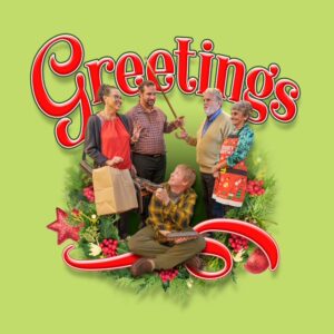 Five people exchange gifts and smile under the large red word 'Greetings,' surrounded by festive holiday greenery on a light green background.