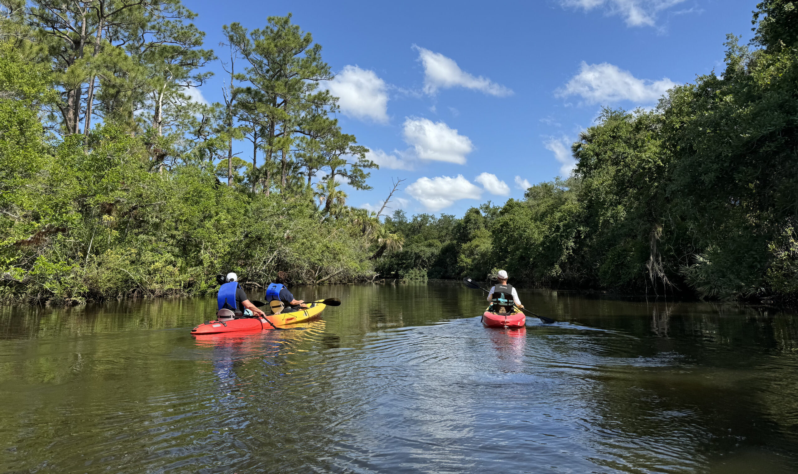 Three people kayaking on a calm river surrounded by green trees under a blue sky.